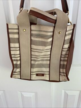 Fossil Beige & Brown Striped Canvas Messenger Tote